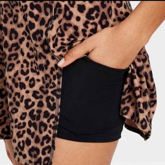 JoyLab Women's Knit Squareneck Slit Active Dress Leopard Print Built-in Shorts S - Picture 4 of 7